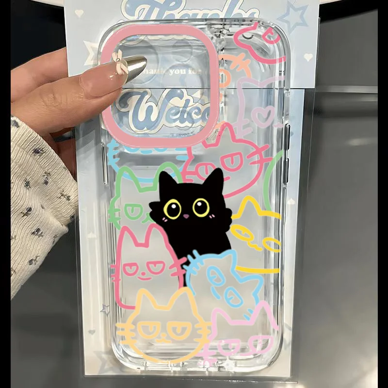 

Cute Black Cat Phone Case For iPhone 16 15 14 13 12 11 Pro Max Mini X XS 7 8 Plus SE 16E Shockproof Animal Transparent Fundas
