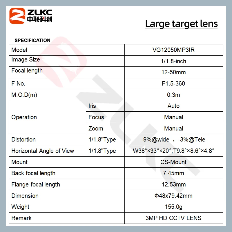 ZLKC 12-50mm Varifocal Lens CCTV Camera IR 1/1.8'' CS-Mount Zoom 3MP Lens F1.5 Auto Iris Surveillance Cameras With IR Correction