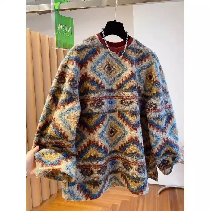 

Men's Oversized round Ne Lamb Fur Sweatirt Comfortable Loose Fit Faionable Versatile Autumn Winter Vintage Design Casua...