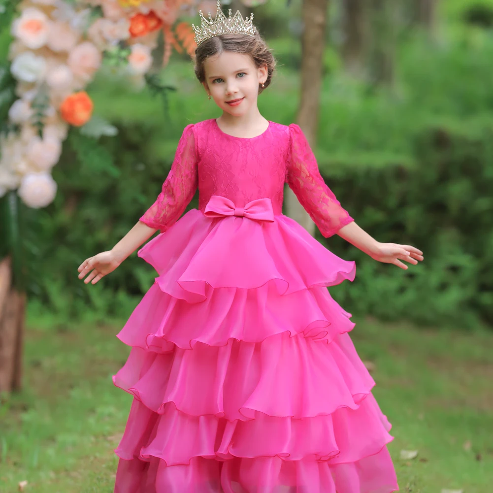 ChILdren's Long Dress For 14 Year Old   Girls Wedding Guest Dress Flying Sleeve Kids Embroider Prom Clothes