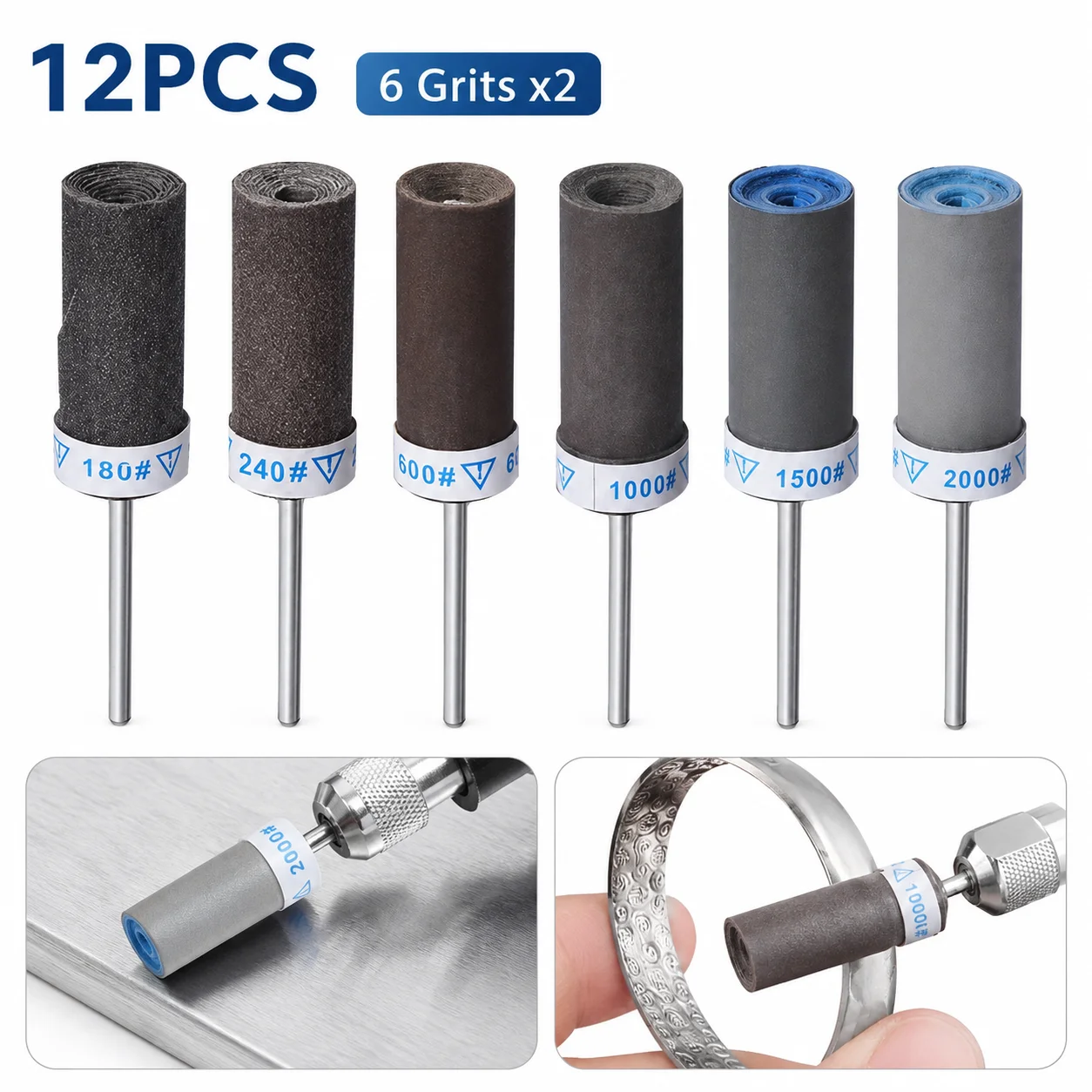 12PCS Sanding Drum Set, 6 Grit Sanding Bands 180-2000 Grit for Rotary Tools, Grinding & Polishing Metal, Wood & Plastic