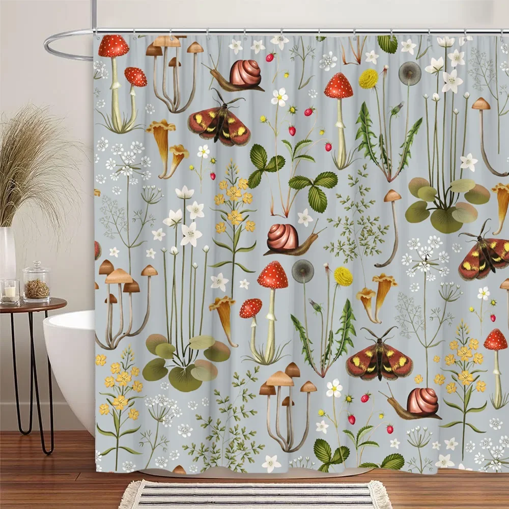 Vintage Mushroom Shower Curtain Bohemian Botanical Butterfly Wildlife Leaf Flower Polyester Fabric Bathroom Decor Curtains Set