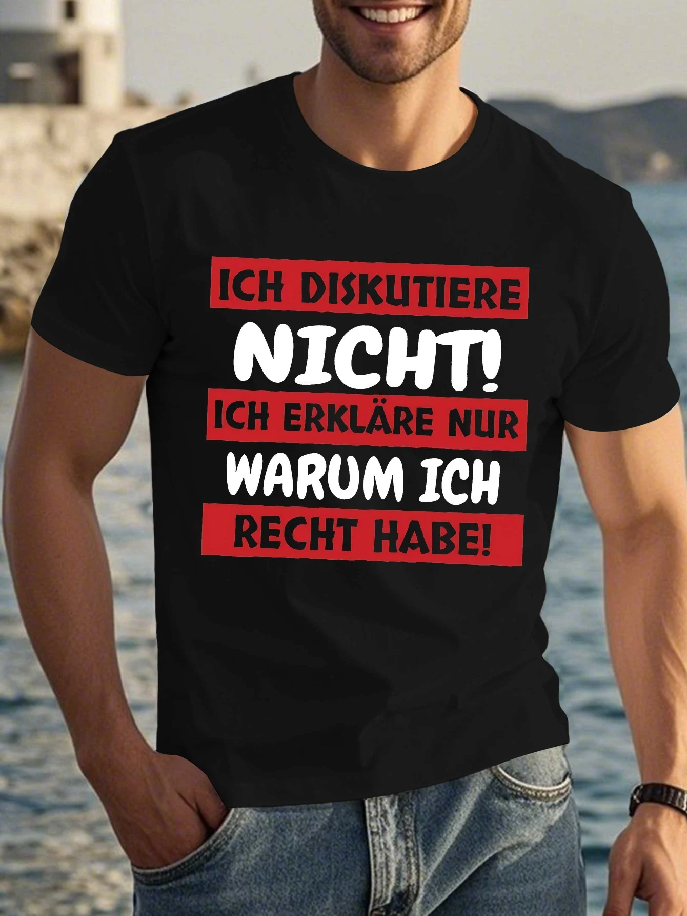 Funny Men's Black Graphic T-Shirt Bold German Slogan Typography Red White Statement Print Humor Quote Design 100% Cotton Heavyweight Short Sleeve Casual Streetwear Tee
