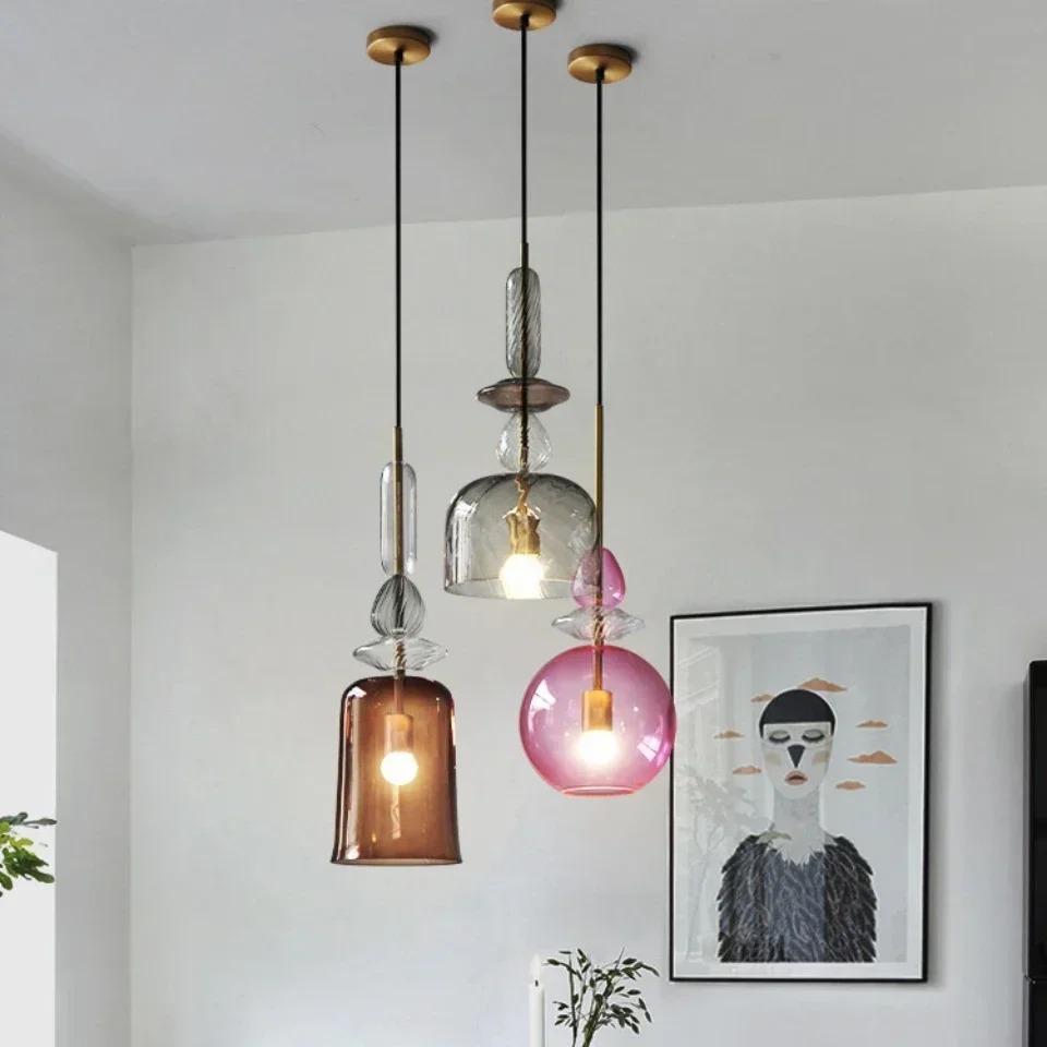 Nordic Creative Colorful Lustre Pendant Light Postmodern Lamps Decor For Bedroom Bedside Bar Table Candy Style Glass Droplight