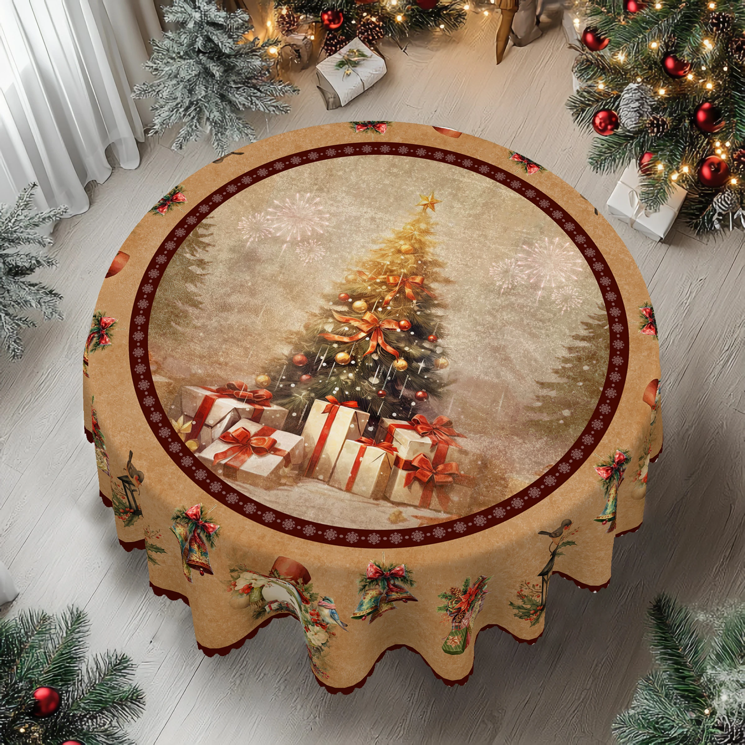 1 Christmas Themed Round and Rectangular Tablecloths, Various Sizes, Antique Christmas Tree Snowman Exquisite Bell Tablecloths for Daily Home Kitchen, Terrace Use, Gifts