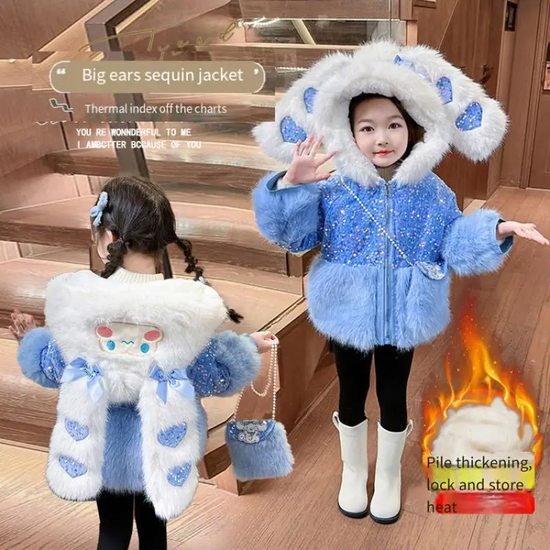 Sanrios Girl Winter Cotton Clothes Cinnamoroll Kawaii Cartoon Kuromi Woolen Sweater Coat New Thicken Keep Warm Cute Jacket