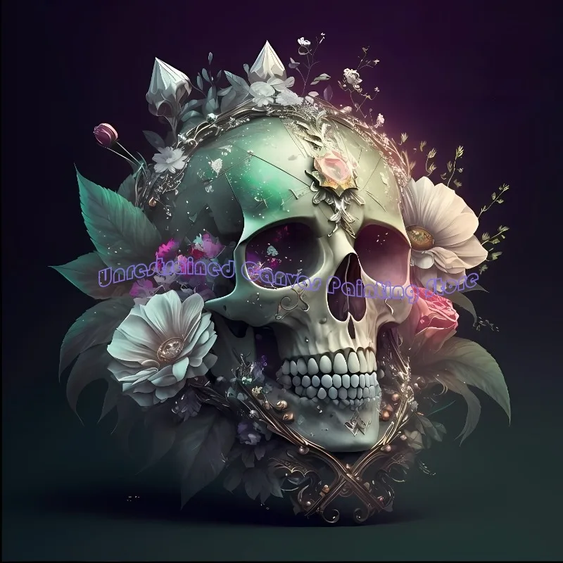 

Skull Canvas poster Full Square Mosaic Flower Skeleton Canvas Painting Art Embroidery Halloween Decorative Picture Home Decor