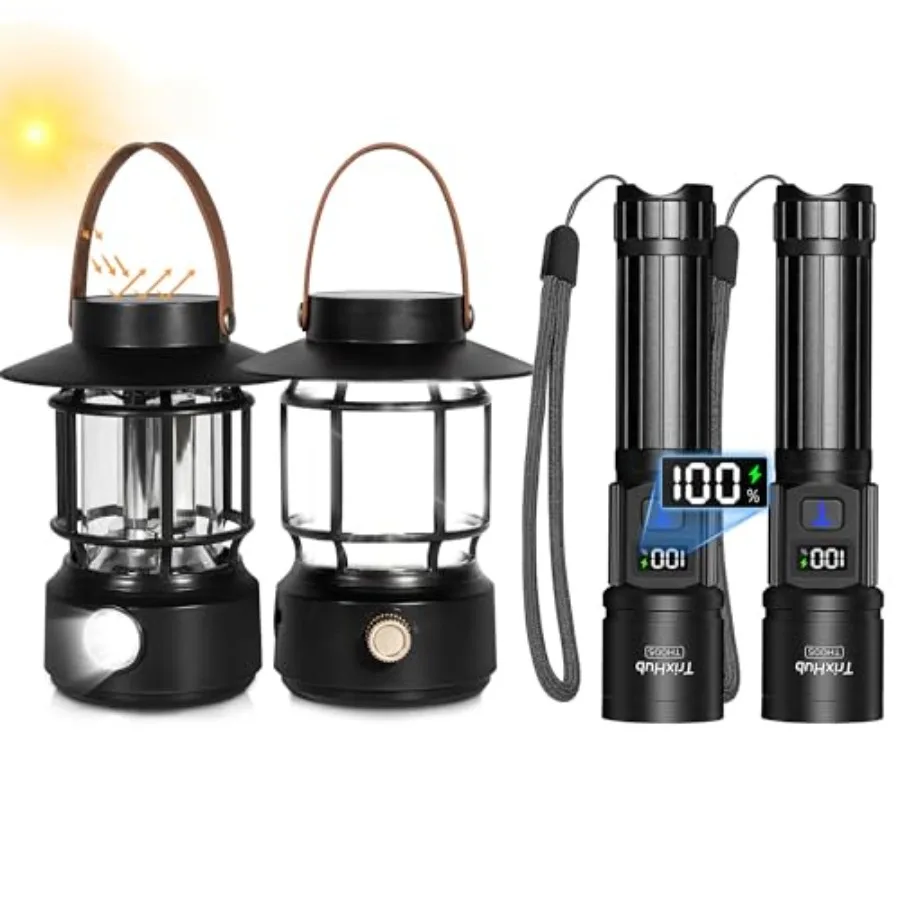 

Camping rechargeable flashlights, aluminum alloy, black, 5 modes zoomable with LCD digital display and solar charging
