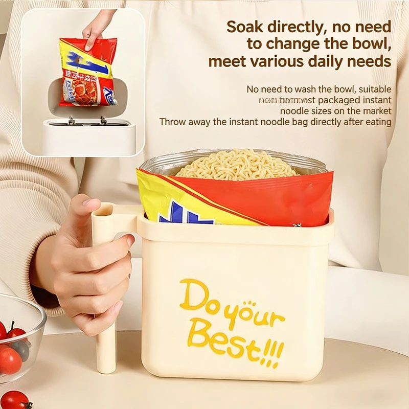 Food Grade Instant Noodle Bowl No-Wash Direct Soak Square Ramen Cooker with Fork Microwave Safe Lazy Noodle Container for Dorm