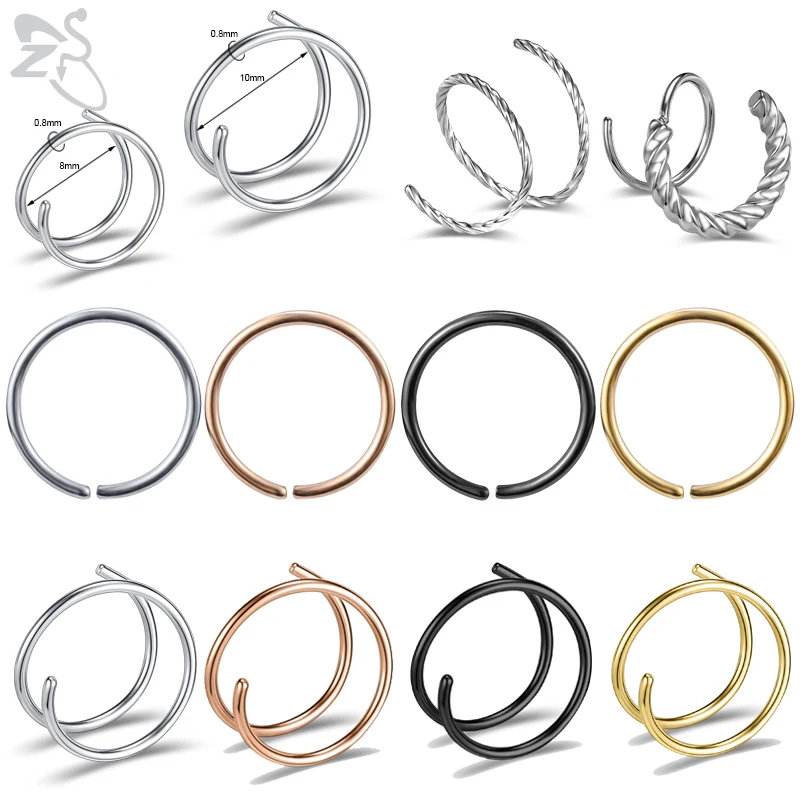 ZS 1PC 20G Surgical Steel Hoop Nose Ring For Women Men Double Left or Right Single Nose Ring Ear Helix Tragus Piercings Jewelry