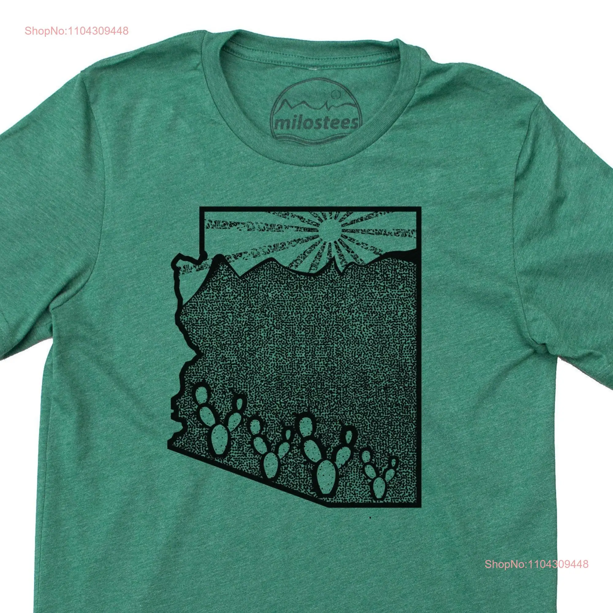 Arizona Home T Shirt desert landscape with mountains setting sun and cactus hand printed on a green hue for Sedona wear or