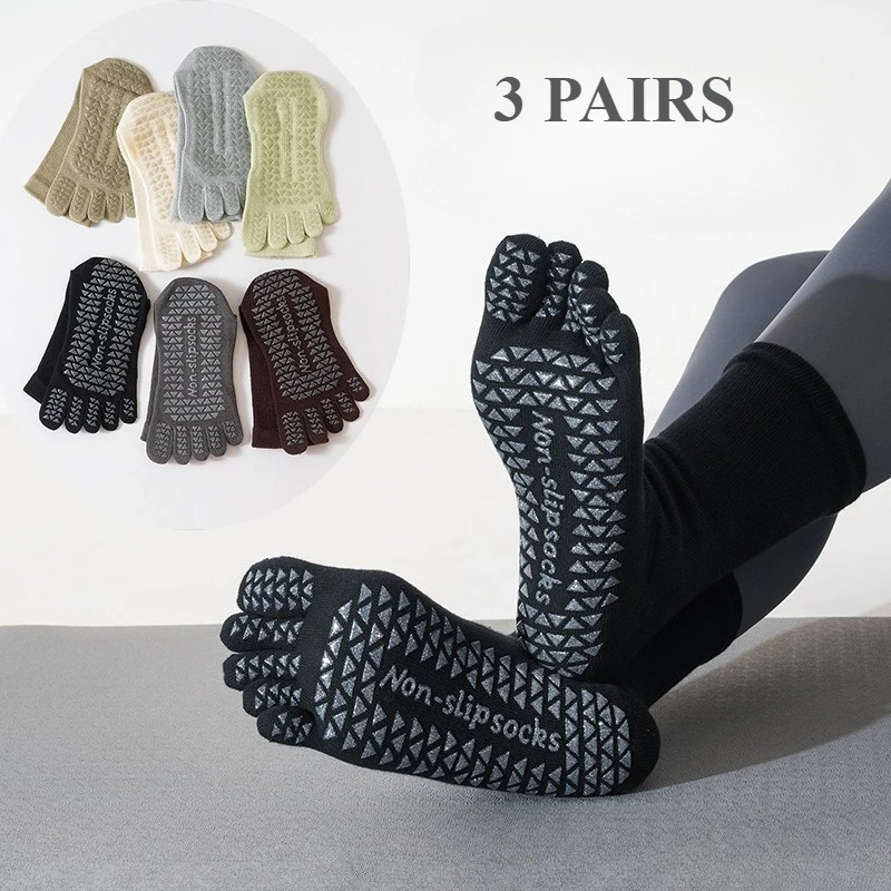 

3 пары профессиональных носков для йоги и пилатеса с ручкой, женские противоскользящие спортивные носки с пятью пальцами, нескользящие носки с круглым носком