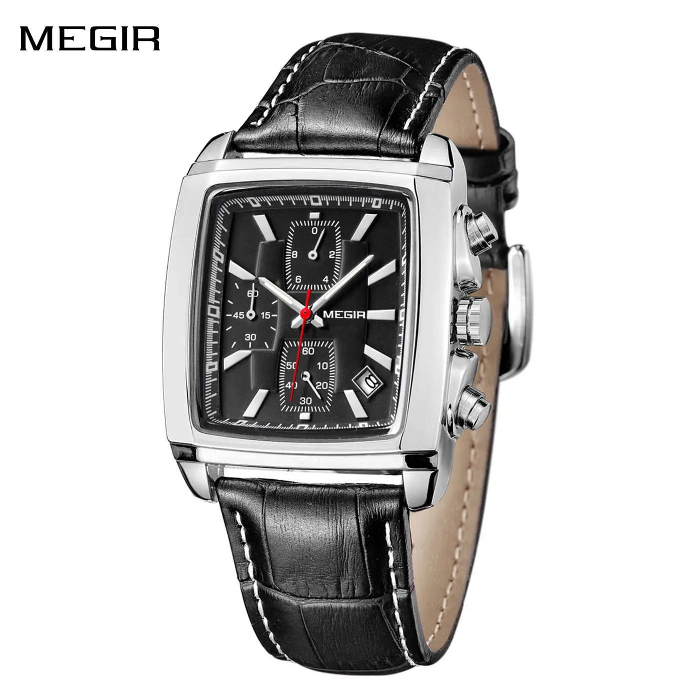 

MEGIR многофункциональные кварцевые часы для мужчин, водонепроницаемые, прямоугольные, спортивные, повседневные, наручные часы, хронограф, кожаные часы с автоматической датой
