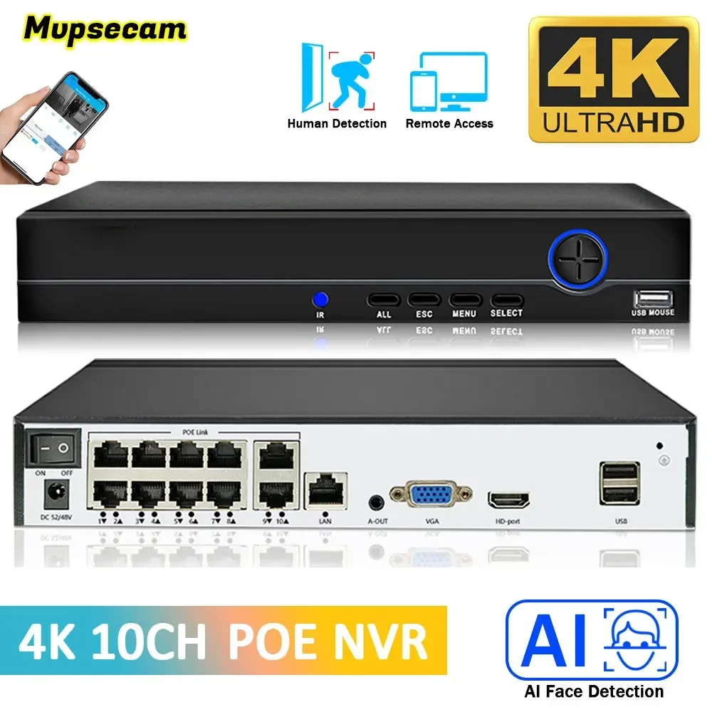 NVR CCTV Security System, Detecção de Rosto, Vigilância de Rede H.265 +, Audio Video Recorder, Xmeye Remote Access, 4K, 10Ch Poe, 8MP