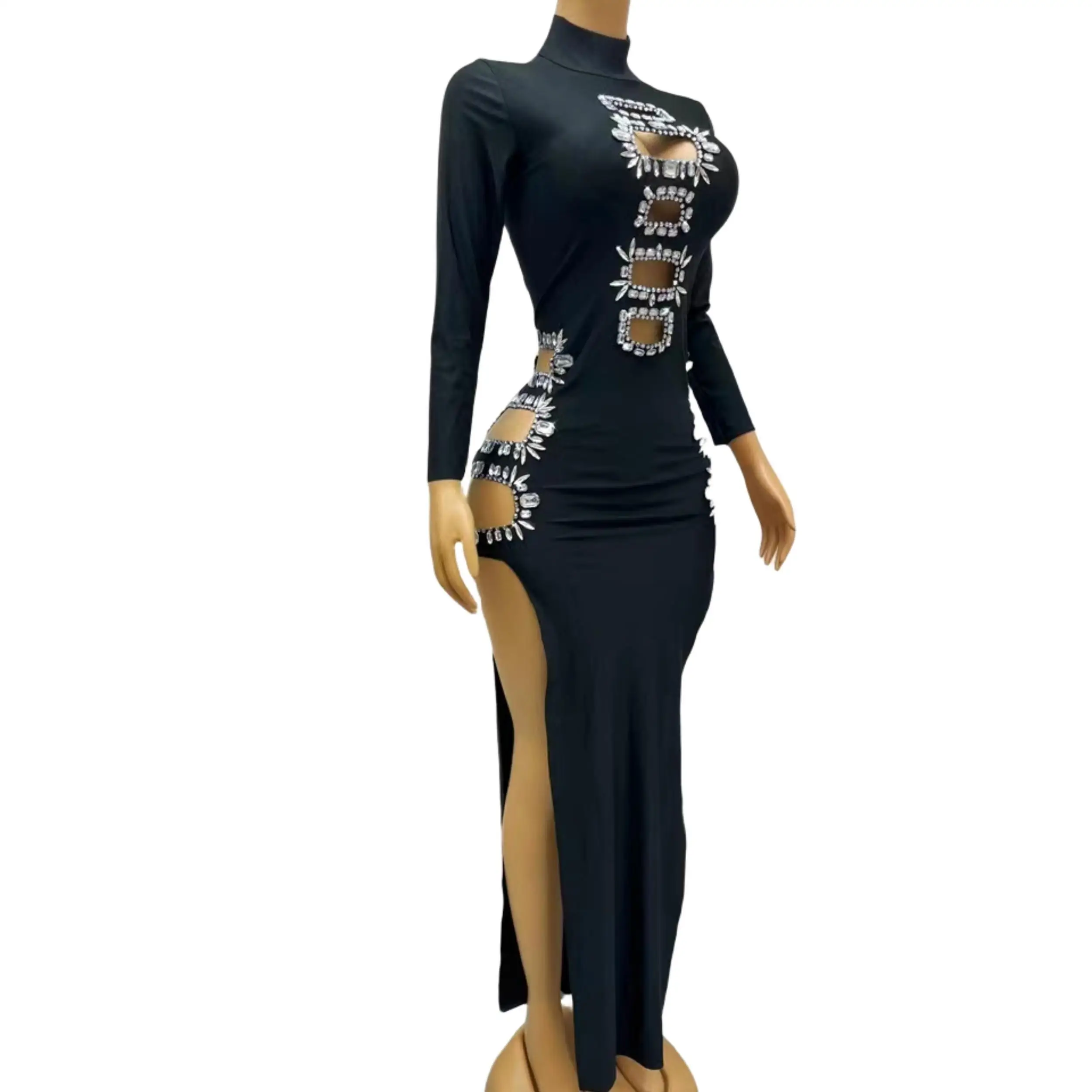 Vestido largo sexi recortado con diamantes de imitación para boda y cumpleaños, vestido largo con abertura larga para banquete de noche, traje de fiesta para discoteca, vestido de desfile