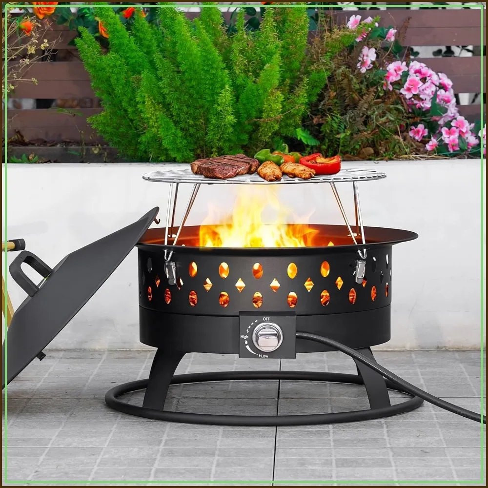 24 Inch Portable Propane Fire Pit with Grill, Outdoor Gas Firepit for Camping and Patio