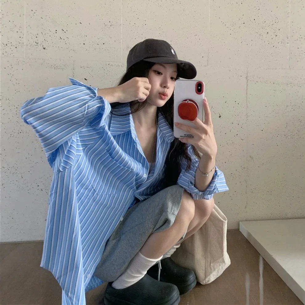 Loose Casual Striped Long Sleeve Women's Shirt Korean Style Autumn New Arrival Fashion Outerwear Polyester Cotton Blend