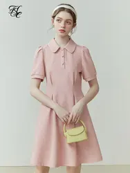 FSLE Casual Sense Polo Collar Dress for Women Summer New College Style High Waist Puff Sleeve Solid A-line Dress Female