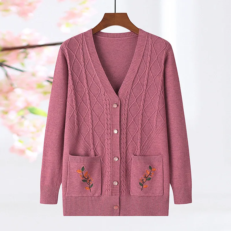 Vintage Women\'s Autumn Winter V Neck Long Sleeve Cardigan Sweater Knitted Coats Fashion Casual Tops Middle Aged Mother Jacket