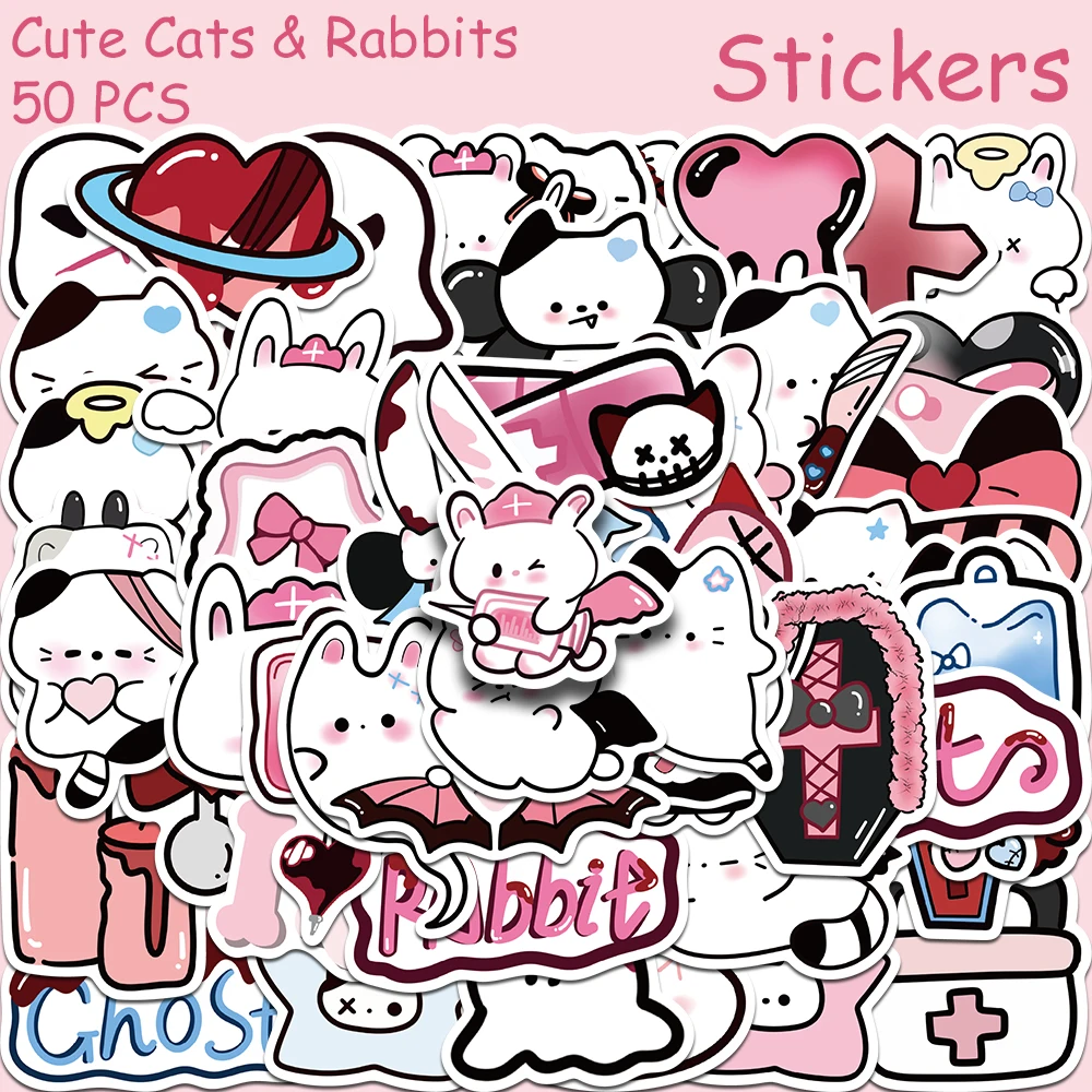 

50pcs Cartoon Cute Cats & Rabbits Stickers Decals For Phone Suitcase Skateboard Helmet Notebook DIY Aesthetic Stickers For Kids