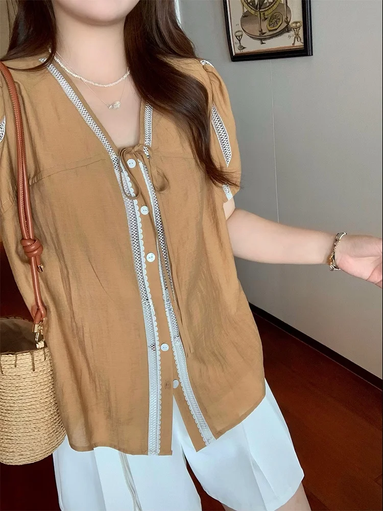 

Женская рубашка больших размеров с V-образным вырезом, коротким рукавом, свободного кроя, летняя, новый стиль, для полных женщин, топ в французском стиле, тонкий