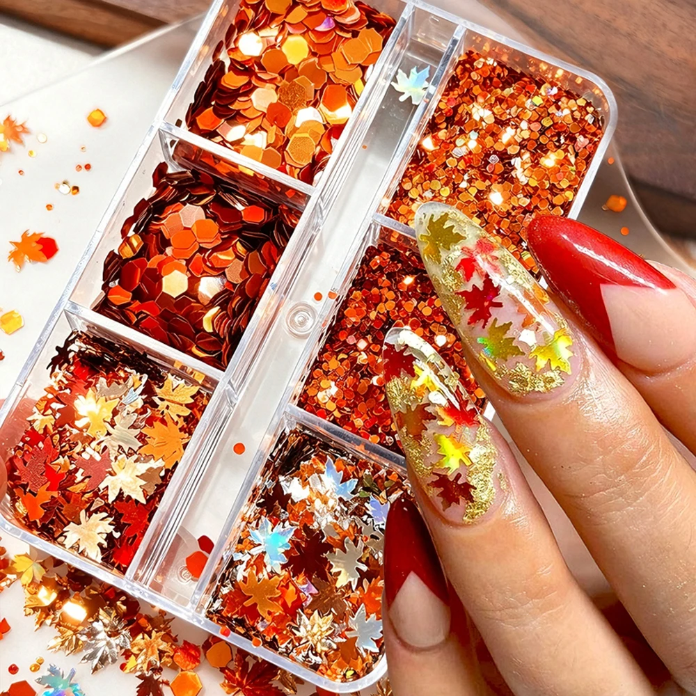 6 Grids Laser Maple Leaf Autumn Nail Sequins Holographic Maple Leaf Hexagon Epoxy Nail Flakes Glitter Orange Fall Leaves Sequins