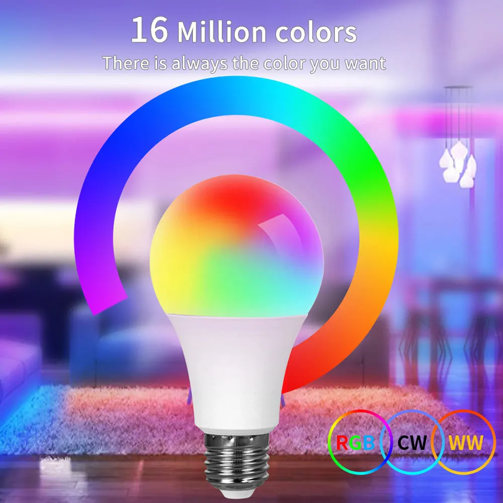 Tuya bluetooth e27 lâmpada led rgb cw ww 15w bluetooth lâmpada led funciona com alexa amazon google casa para decoração de vida inteligente