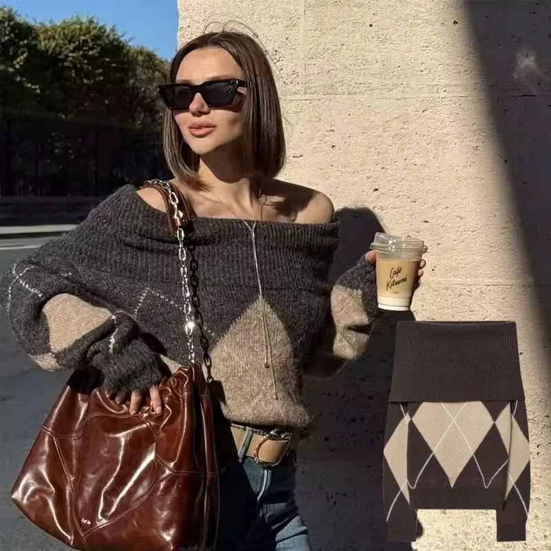 

Tidalyf 2025 женский вязаный свитер-труба с бриллиантами, пуловер с длинными рукавами, облегающий шикарный повседневный трикотаж