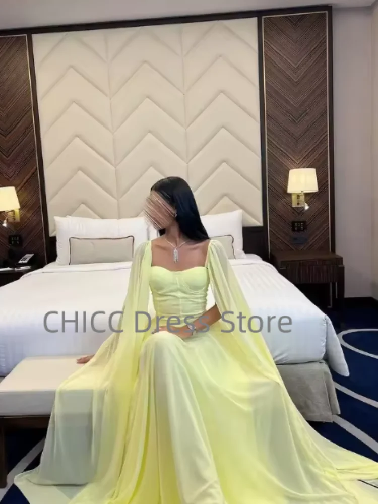 Vestidos de fiesta amarillos Manga larga flotante Cuello cuadrado Una línea Vestidos de noche de gasa Vestidos de fiesta para ocasiones especiales Personalizados