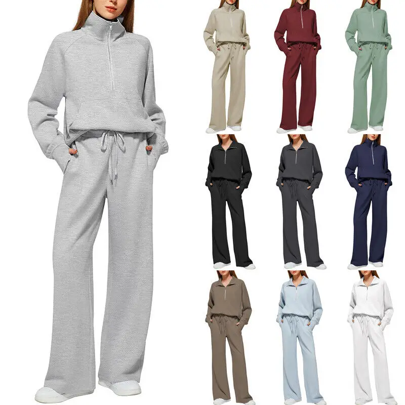 European and American Spring and Autumn Half Zipper Sports Shirt Wide Leg Sports Pants Casual Set Two Piece Set for Women
