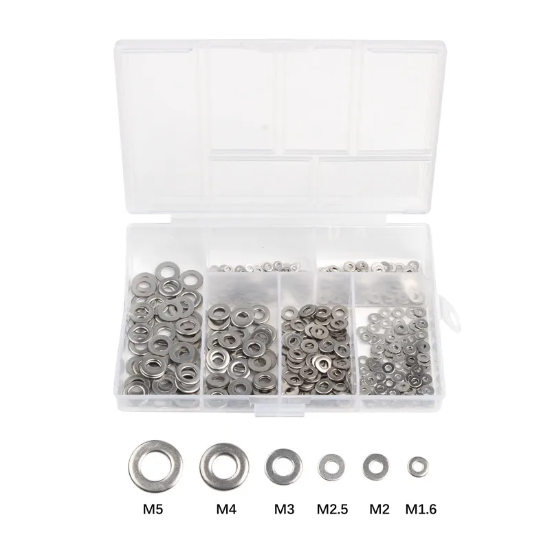 500 ชิ้น M1.6/M2/M2.5/M3/M4/M5 304 สแตนเลสสตีลแบนเครื่องซักผ้าปะเก็นโลหะธรรมดาเครื่องซักผ้าแหวน Assortment Kit