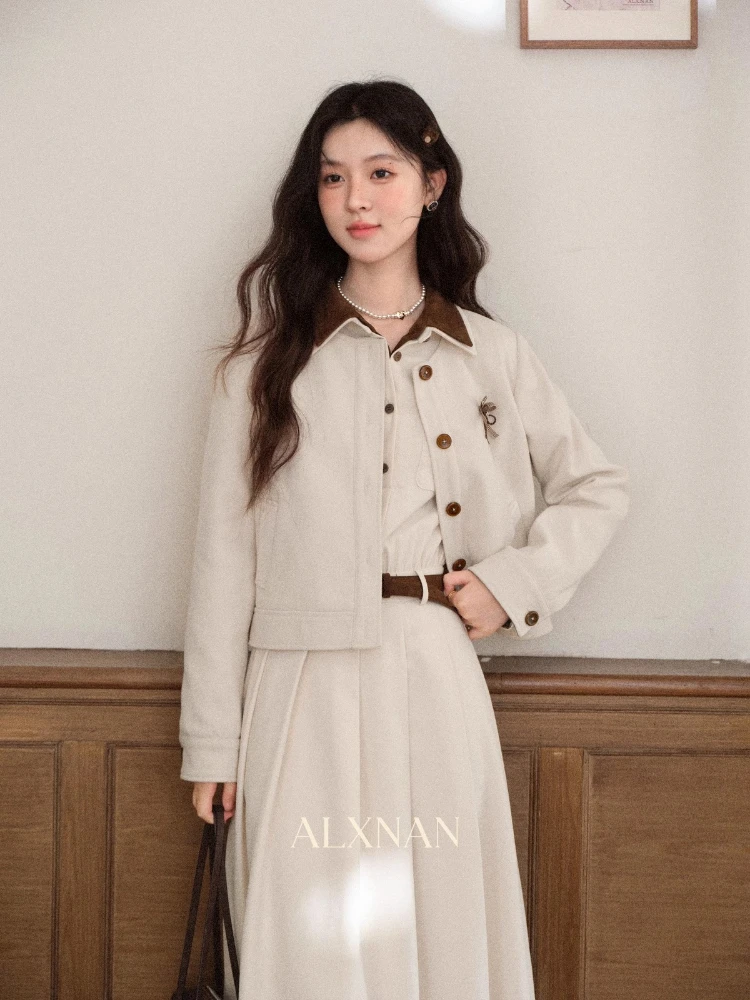 ALXNAN Shirt Dress Buttons Autumn Winter Patchwork Belt Woman Long Sleeve Dress Elegant Official Commuter Ladies Clothing L58127