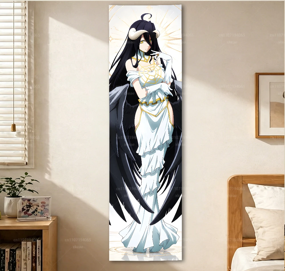 Long Vertical Overlord Albedo Anime Wall Tapestry, Elegant Demon Girl with Black Wings Narrow Wall Banner, Gothic White Dress