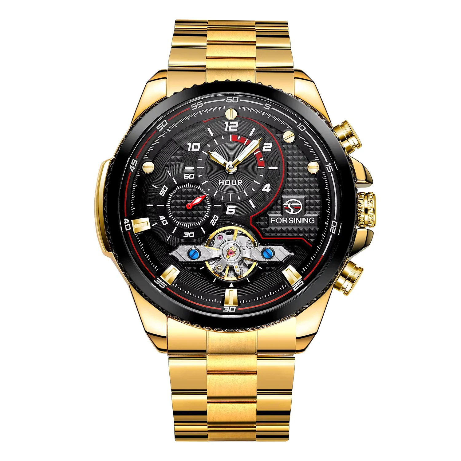 FORSINING Blue Watch Simple hollow flywheel Mechanical Watch Circular steel band Watch Alloy mechanical watch
