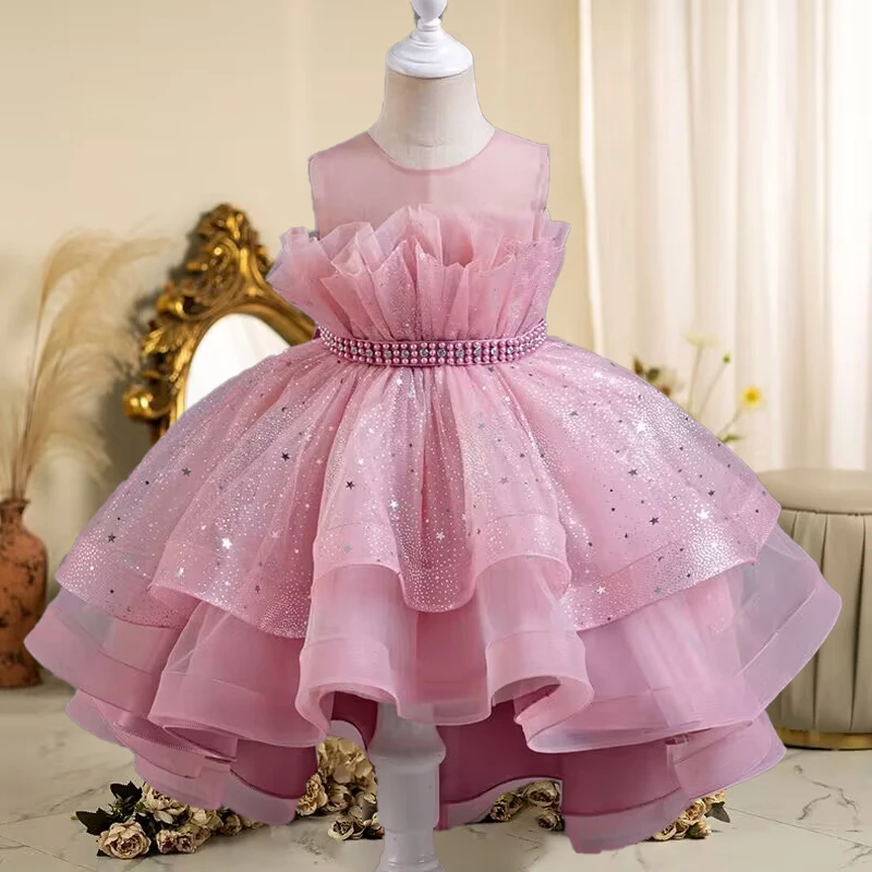 New Summer Children\'s Dress Birthday Party Sequin Sleeveless Girl Princess Dress 3-12 Year Old Tail Mesh Evening Dress