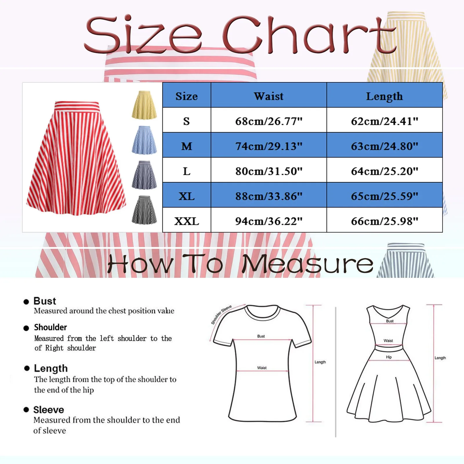 Summer Vintage Striped Knee Length Women\'s Skirt High Waist Red Yellow Blue Black 50s 60s A Line Swing Casual Party Skirts