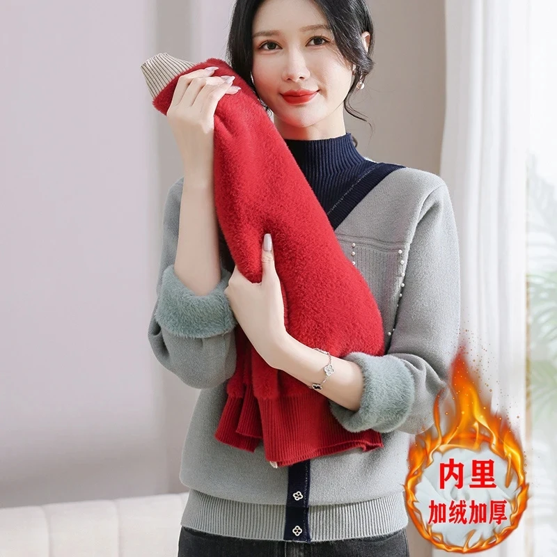 

Mother Fake Two-piece Sweater Autumn Winter Half Turtleneck Knitted Pullovers Female Casual Add Velvet Thicken Warm Sweaters