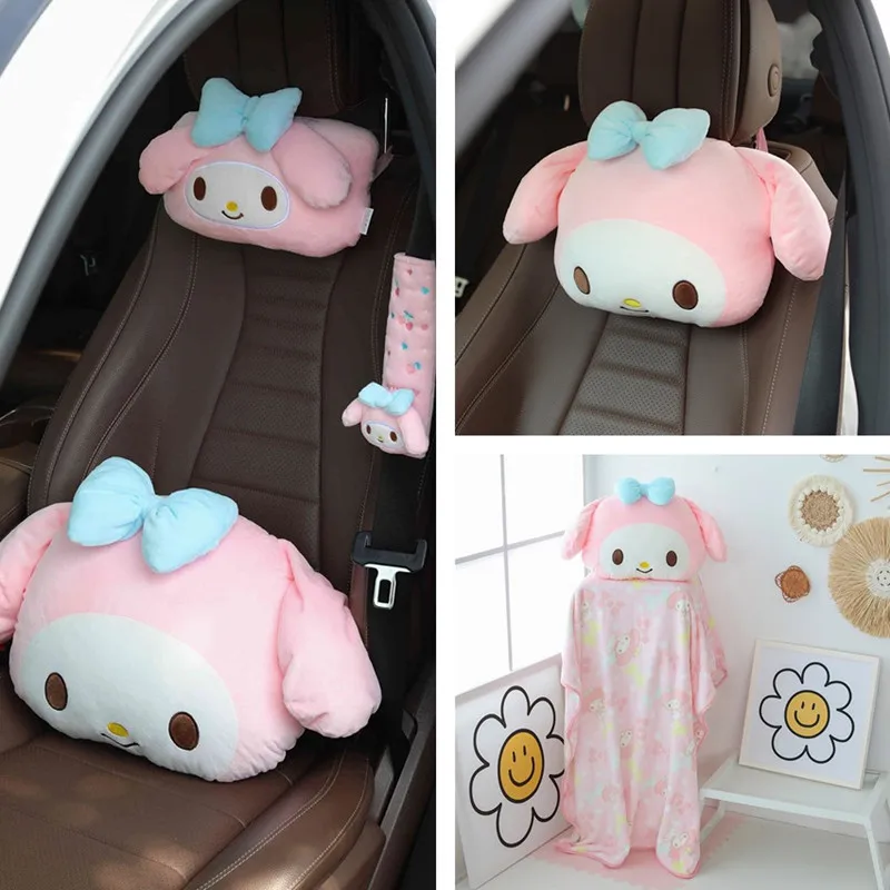 

Sanrio Cute Kuromi Car Headrest Safety Seat Belt Cover Kawaii Style Back Cushion My Melody Car Decoration Gifts