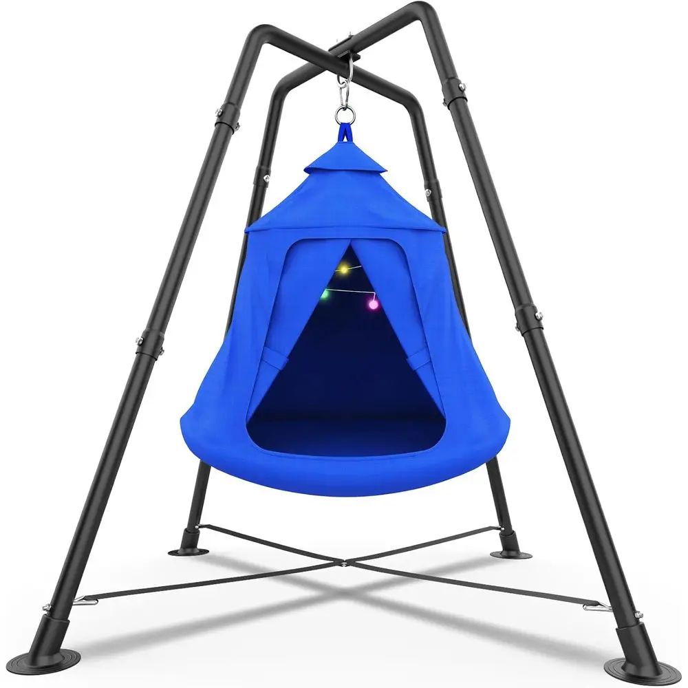 

Blue Outdoor Swing Set with Tent, Sensory, X-Shaped Swings, Hammock Chair, 330 lbs Capacity