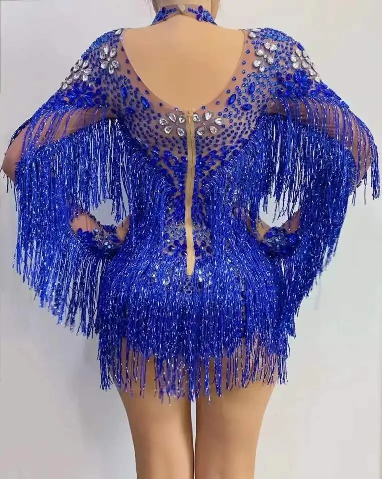 Birthday Celebrate Long Sleeves Dance Bar Women Singer Outfit Blue Silver Rhinestones Transparent Fringe Bodysuit