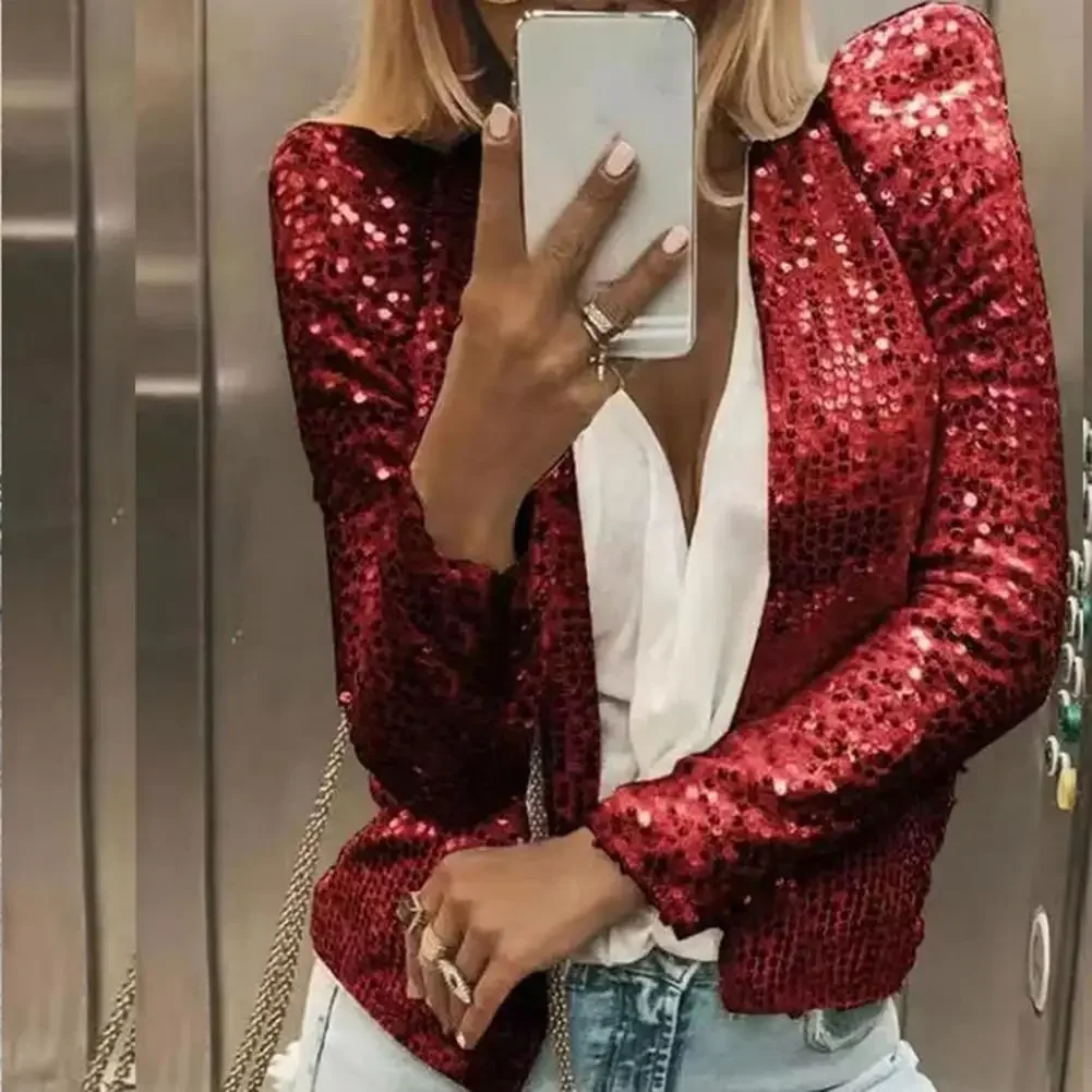 2024 Chic Sequin Women Jackets Fashion Sparkly Glitter Office Lady Short Blazer Coat Slim Fit Open Front Cardigan Jacket Outwear