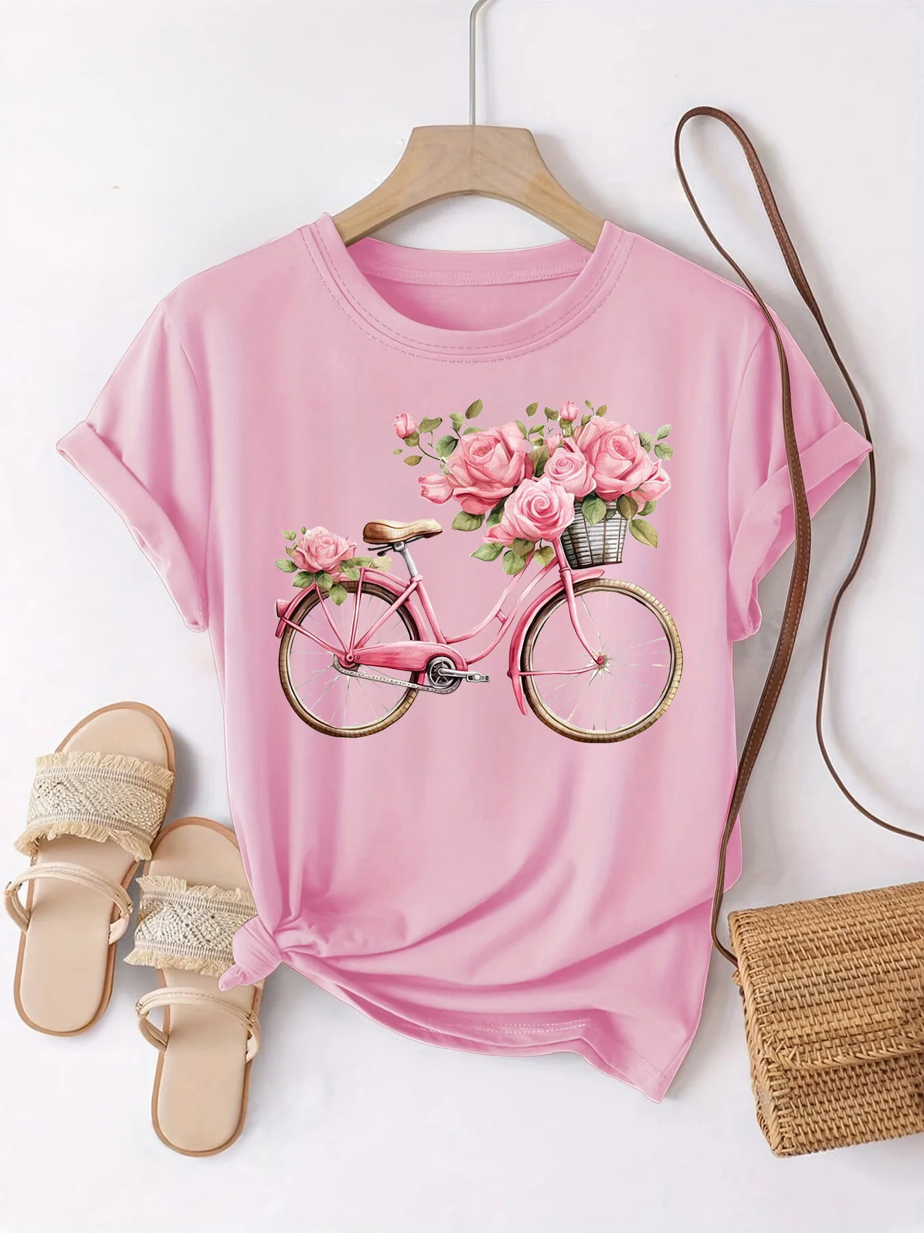 

Summer Women's Plus Size T-Shirt Original Design Fashion Bicycle Pink Rose Printed Women's Casual Round Neck Short Sleeved Tops