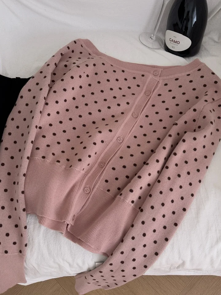 여성용 소프트 슬리 핑크 도트 니트 오픈 가디건 슬림 핏 롱 슬리브 탑 이중 색상 초가을 신상품