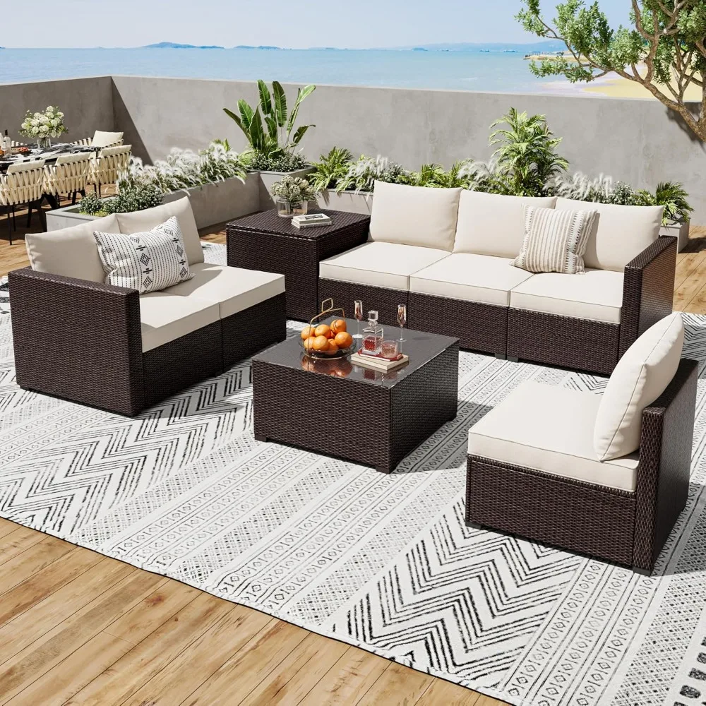 

Patio Furniture Sets 8 Pieces Outdoor All-Weather Sectional Patio Sofa Set Rattan Weaving Wicker Patio Conversation Couch Set w