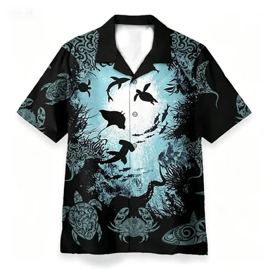 Camisas de Animais Marinhos para Homens e Mulheres, Camisa Gráfica de Polvo Vermelho com Botão na Lapela, Blusa Divertida de Tubarão para o Verão