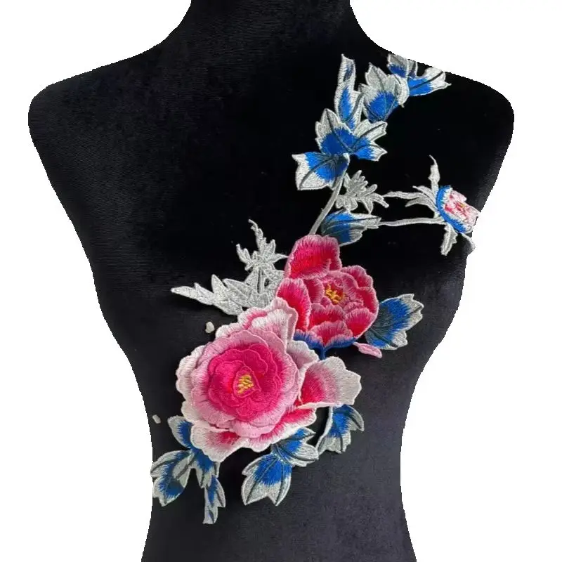 2PCS Embroidered 3D Peony Flowers Leaves Sew Patch Collar Trimmings Applique For Wedding Dress Clothes Decor DIY Crafts