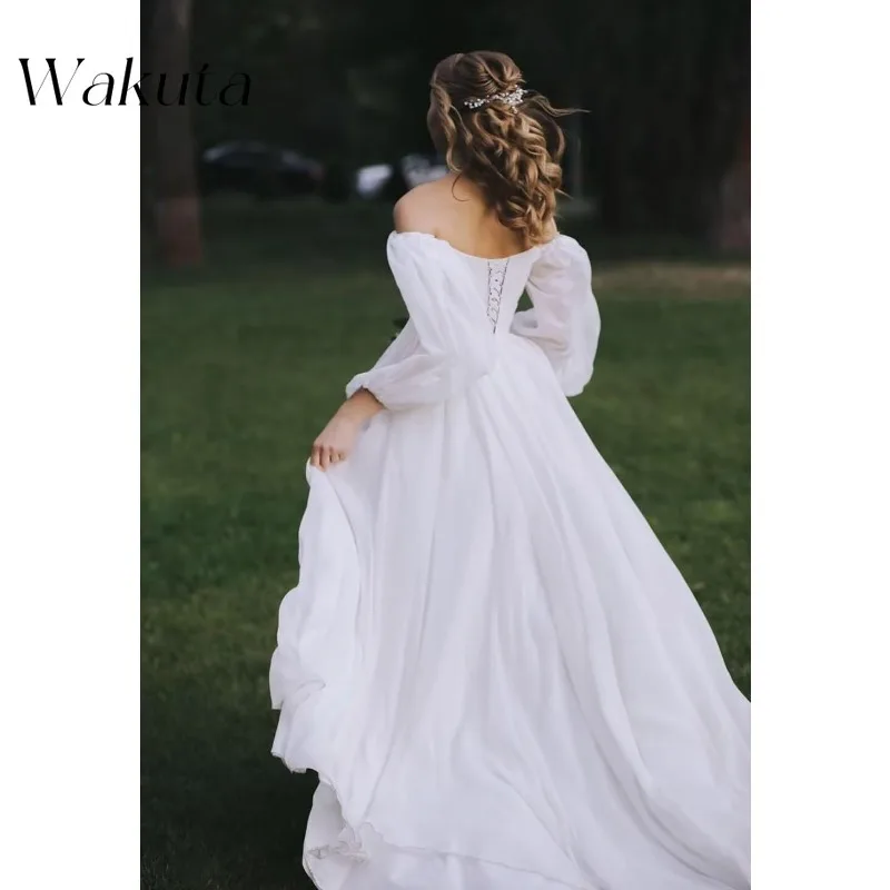 Wakuta Elegant Women’s Wedding Dress Off Shoulder Chiffon Puffy Long Sleeves Formal Prom Evening Dresses Dubai Luxe with Pockets