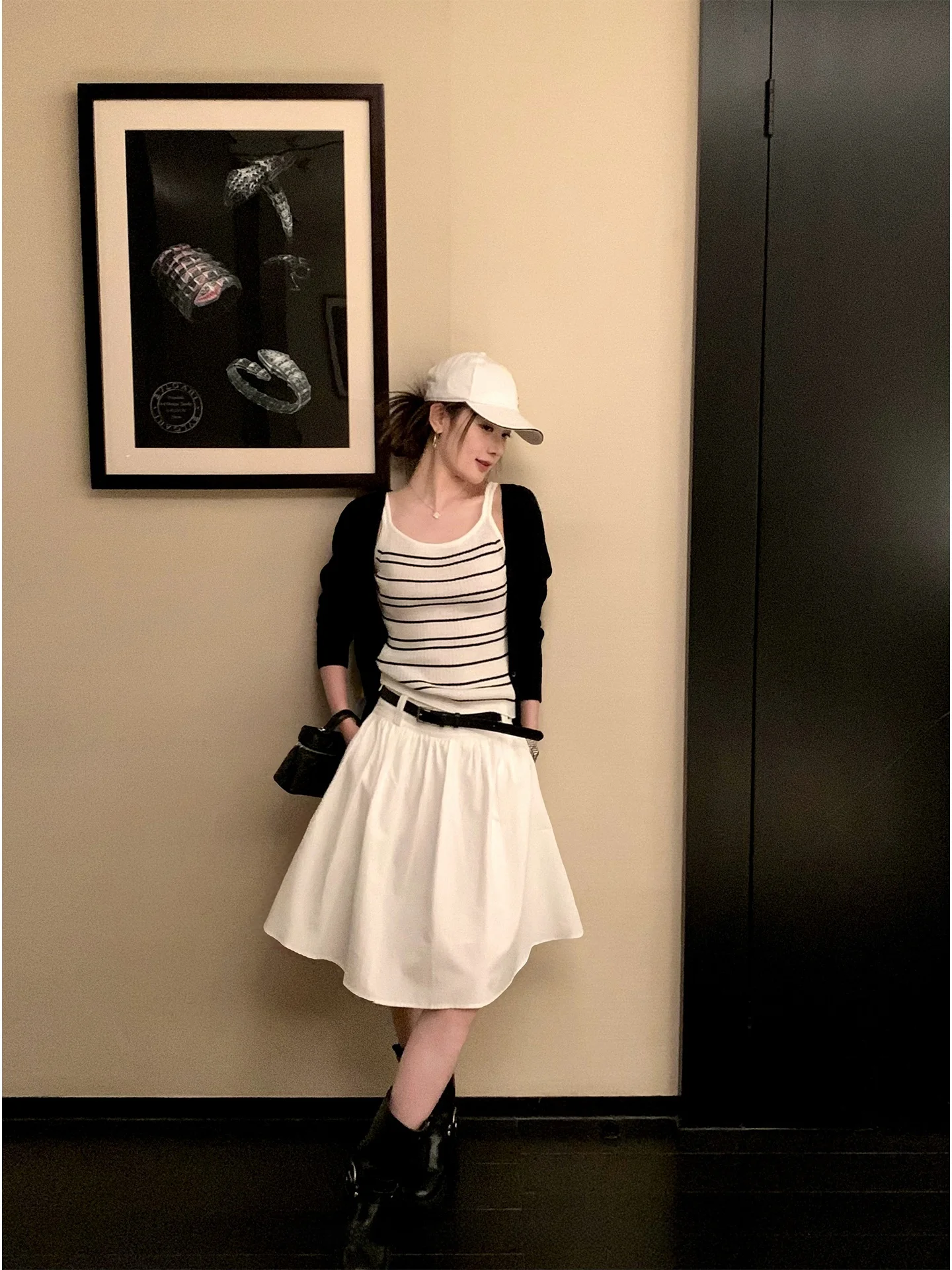 

Simple White A-Line Skirt Women's Spring Summer New Sle Ele Lady Versatile Slimming f-length Skirt