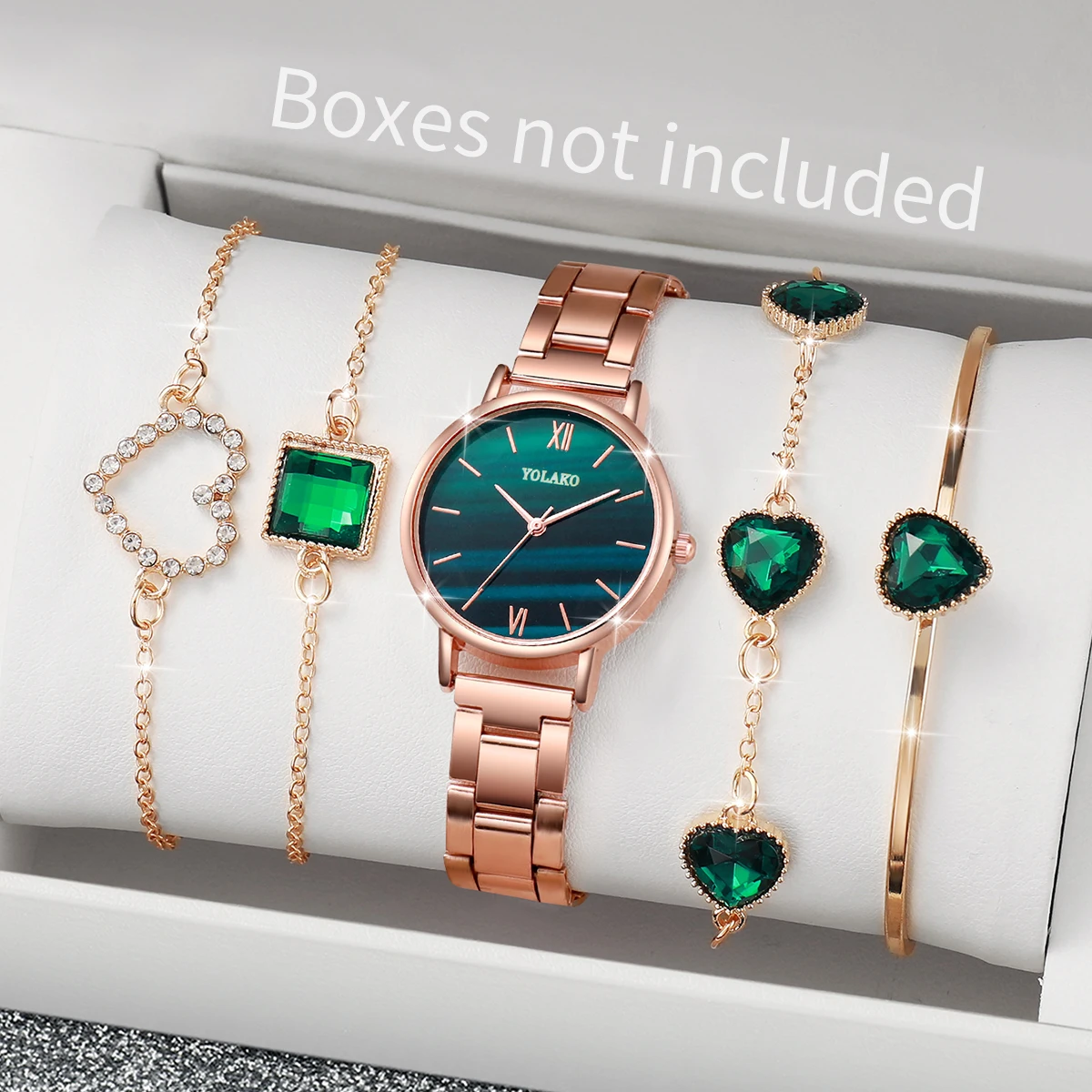 5 stks/set Klassieke Stijl Horloge Set Mode Roestvrij Staal Romeinse Wijzerplaat Groene Horloge Armband Set