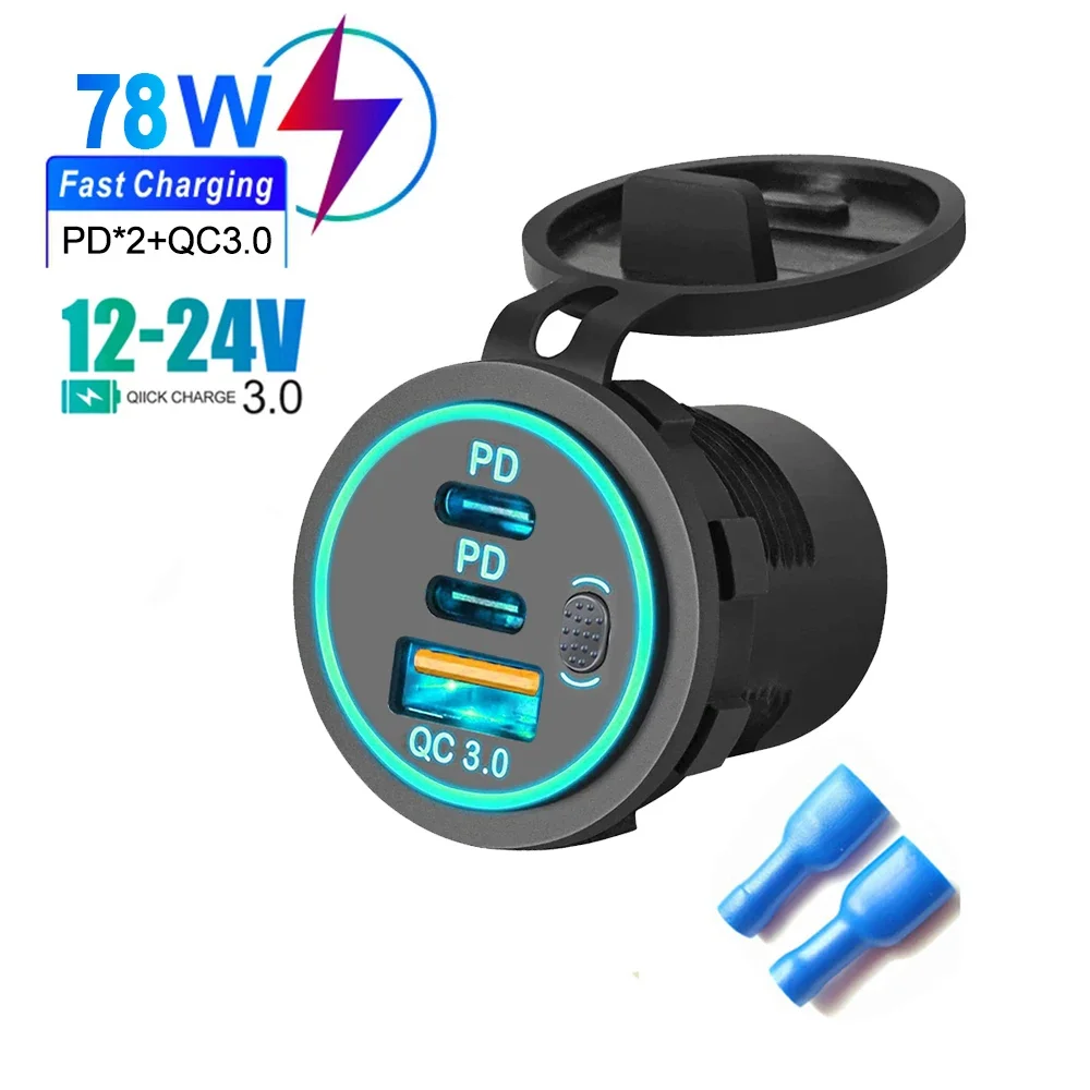 Schnellladegerät QC3.0 + PD Autoladegerät Buchse 78 W Doppelter USB-Anschluss Typ C Drei Ports Netzteil mit Schalter Universell wasserdicht